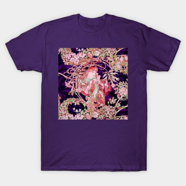 Woman with Daisy Among Pink Flowers ,Wild Roses,Floral Swirls Art Nouveau Portrait T-Shirt by BulganLumini